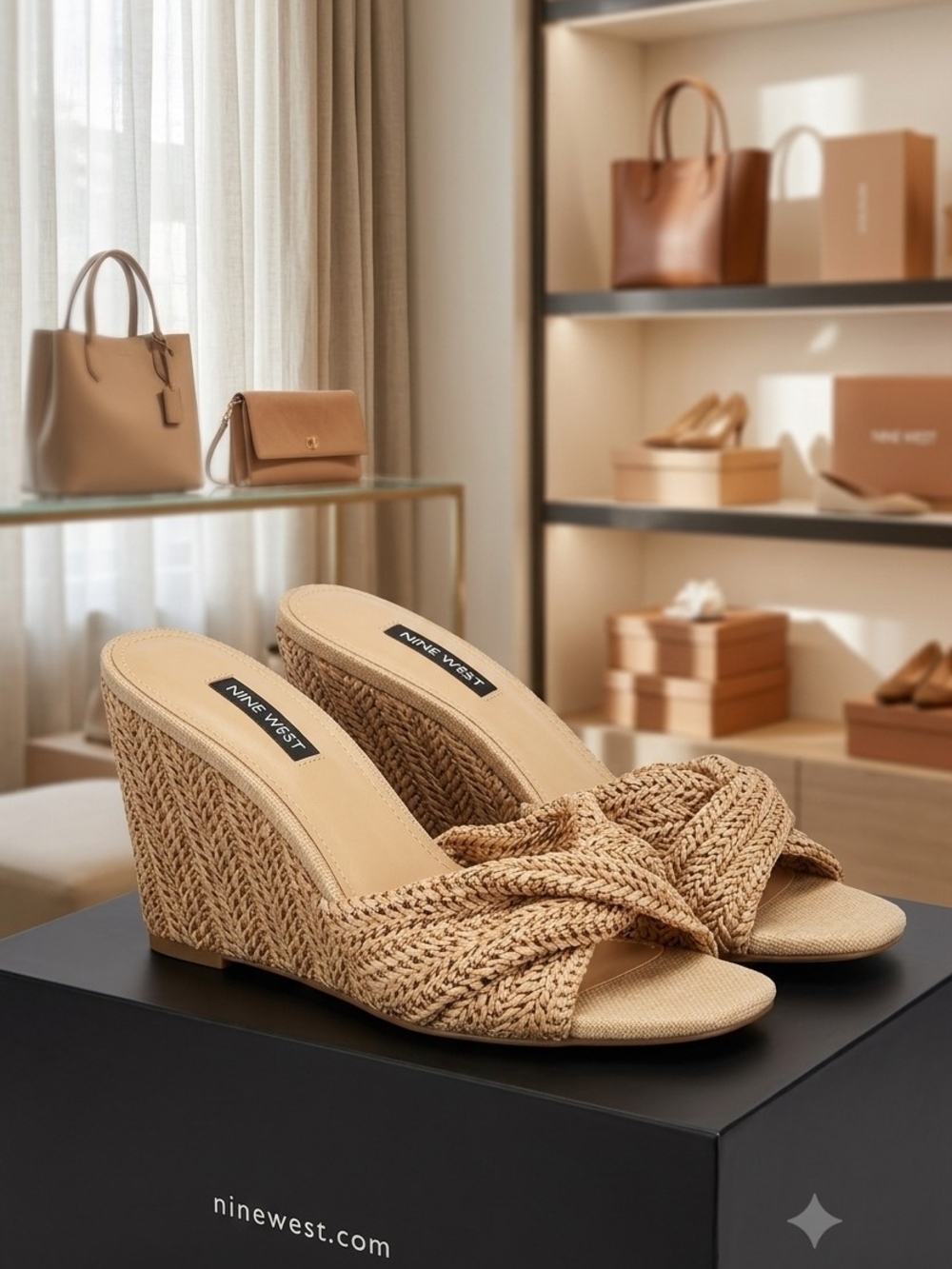 Nine West Beige Braided Wedge Slide Sandals